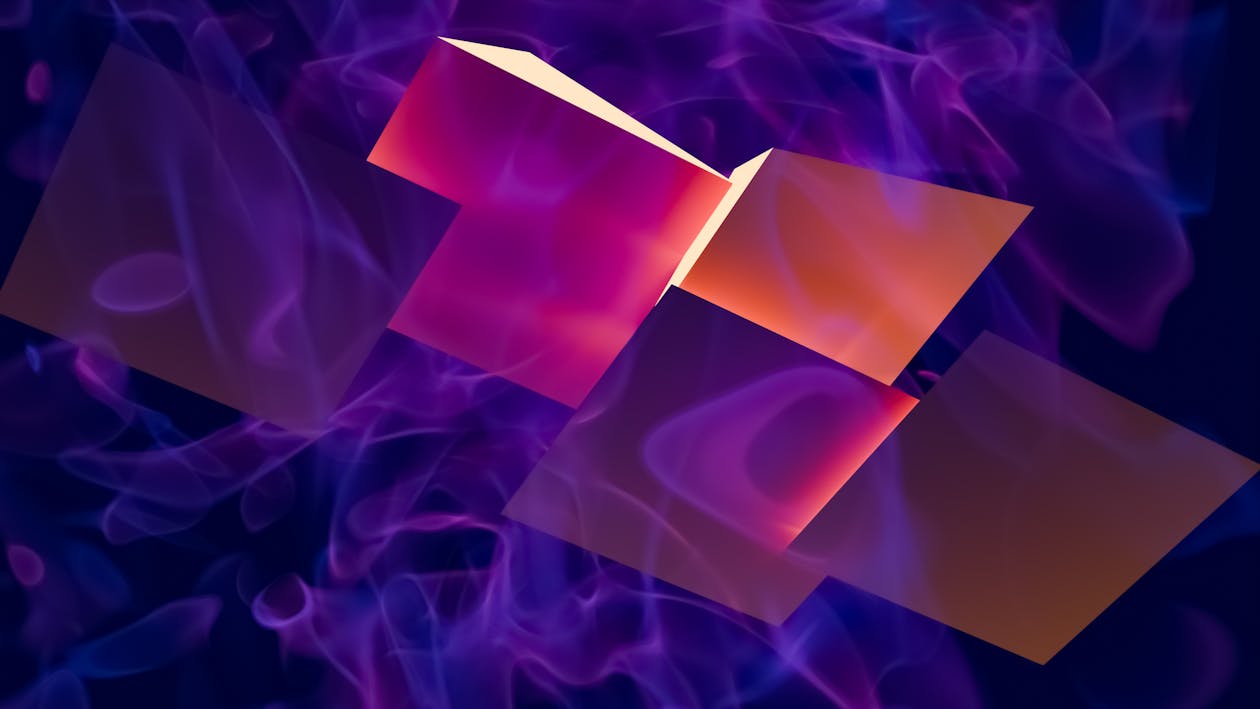 Vibrant abstract digital 3D art design with glowing pink and purple geometric shapes